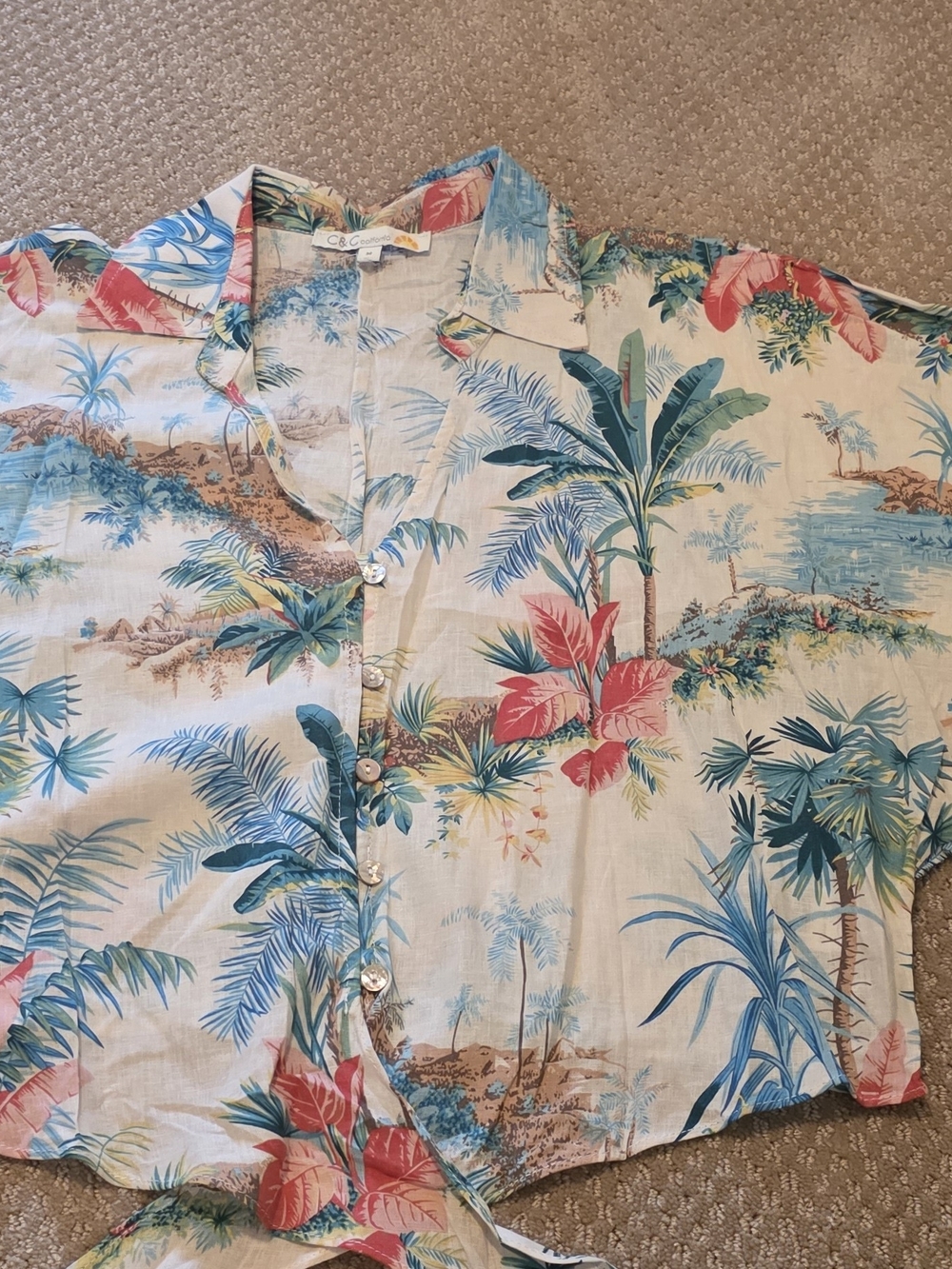 C&C California Cream Tropical Linen  Button-Down Shirt with Blue & Coral Print